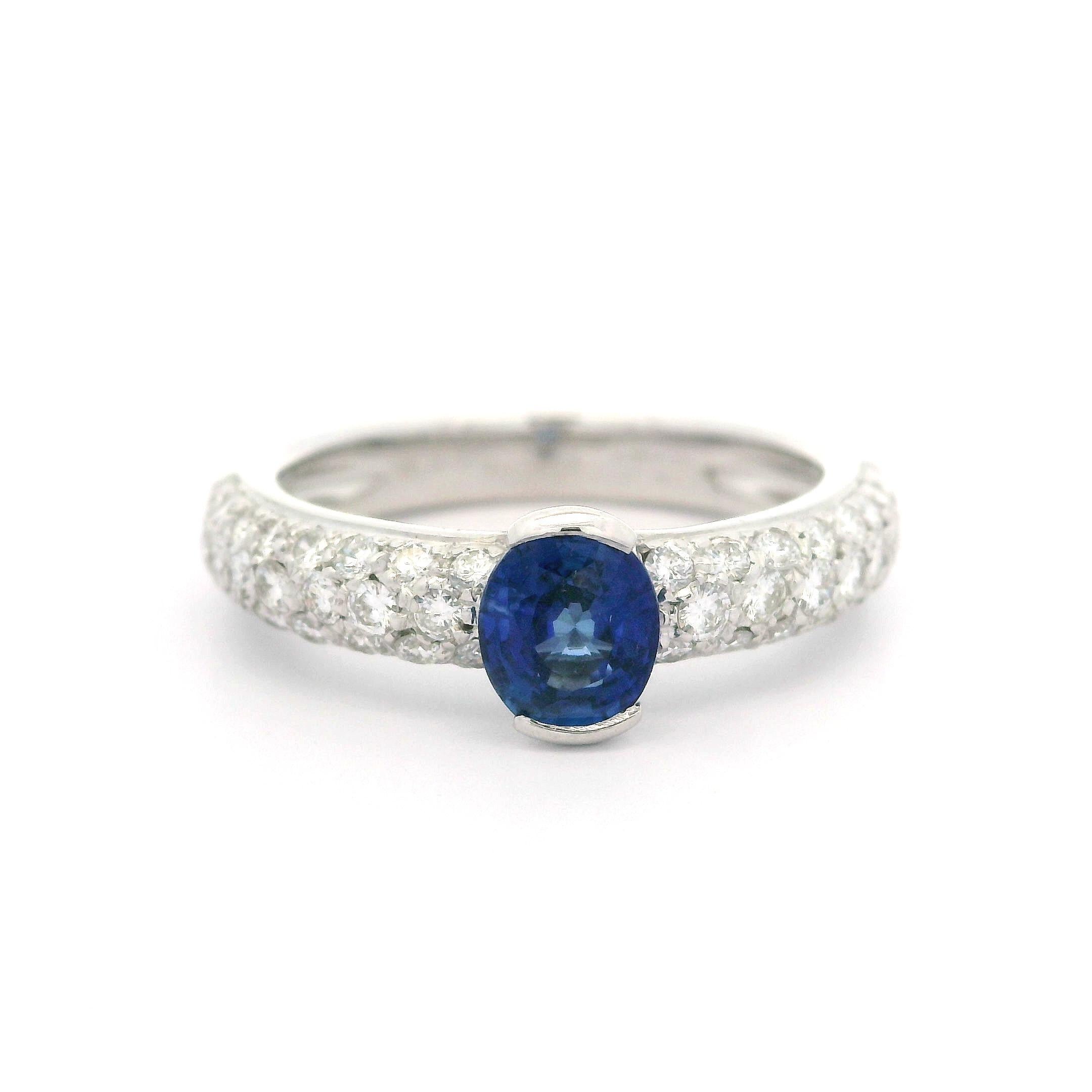 Leo Pizzo 18k White Gold 1.51ctw Oval Royal Blue Sapphire & Pave Diamond Ring 9