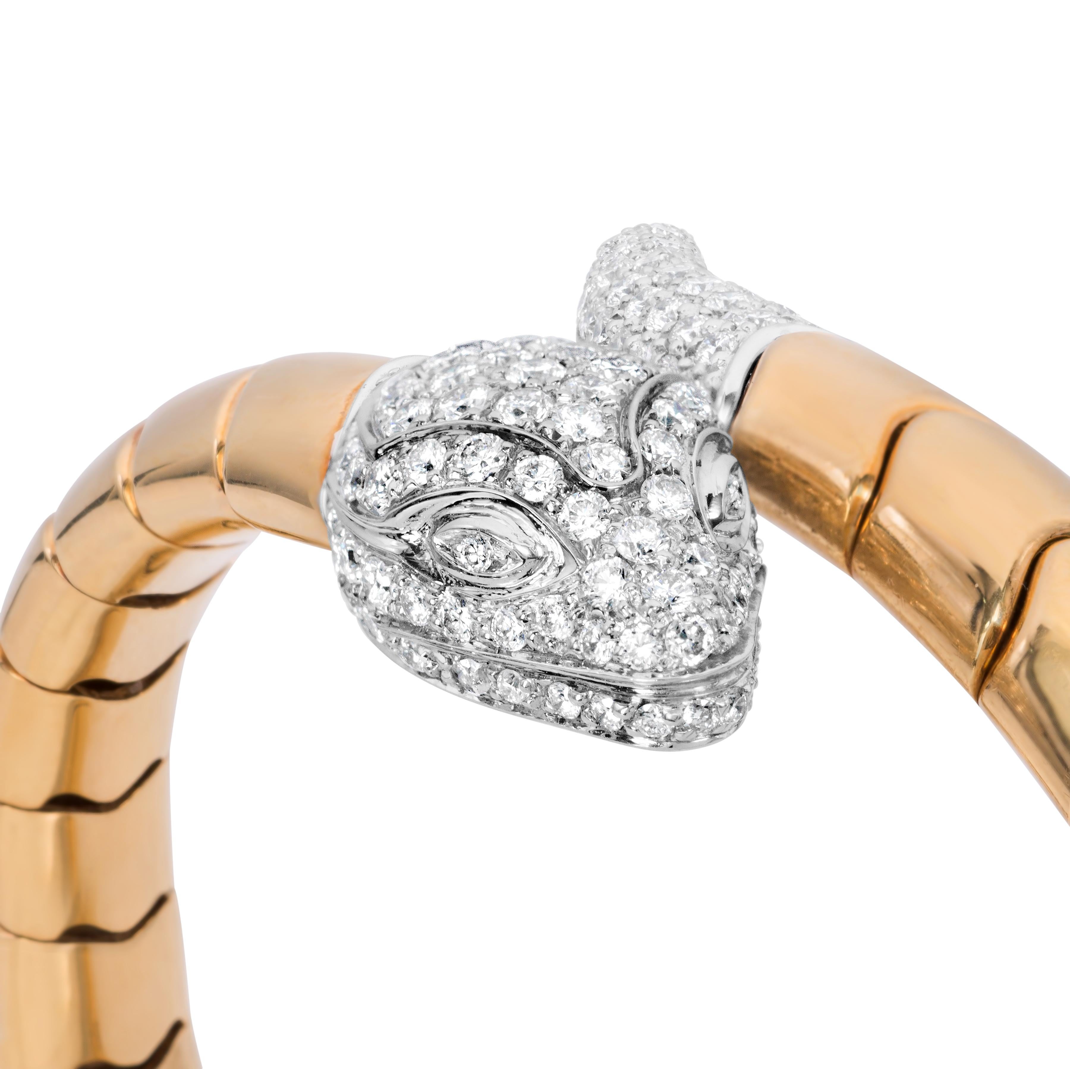 Modern Leo Pizzo 18K White & Yellow Gold 3.48 Carats Diamond Serpentine Bangle Bracelet For Sale