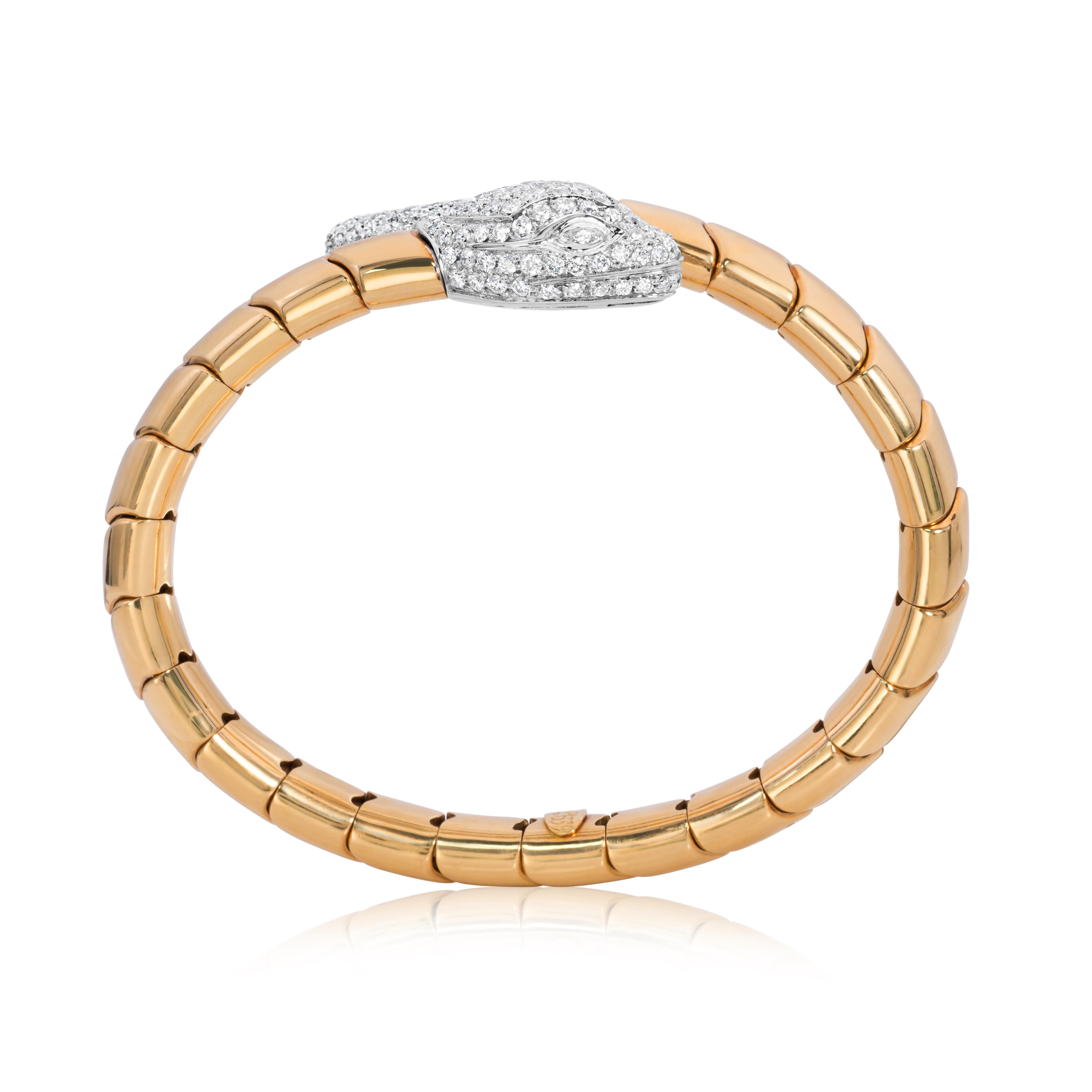 Round Cut Leo Pizzo 18K White & Yellow Gold 3.48 Carats Diamond Serpentine Bangle Bracelet For Sale