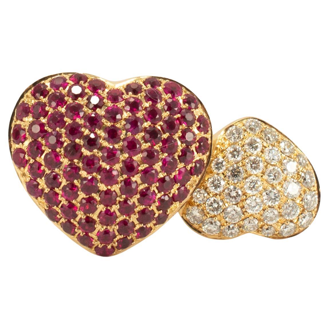 Leo Pizzo 18K Yellow Gold Amore Love Diamond Ruby Double Heart Cocktail Ring For Sale
