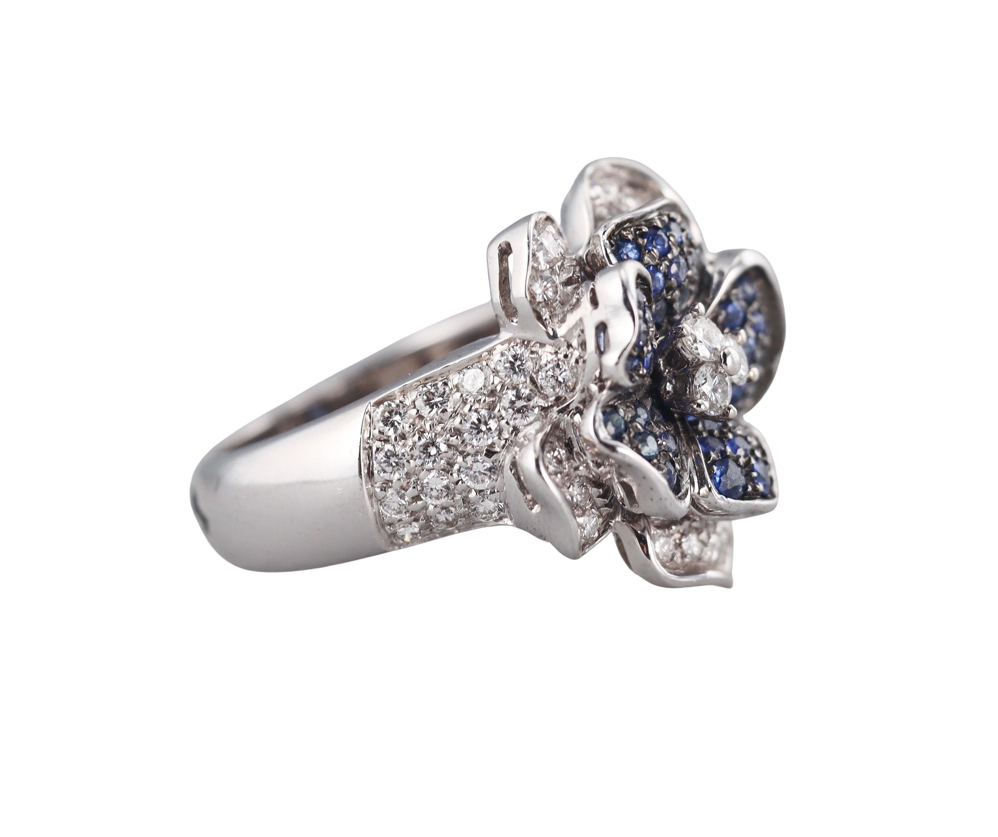 Leo Pizzo Diamant Saphir Gold Blumenring (Rundschliff) im Angebot