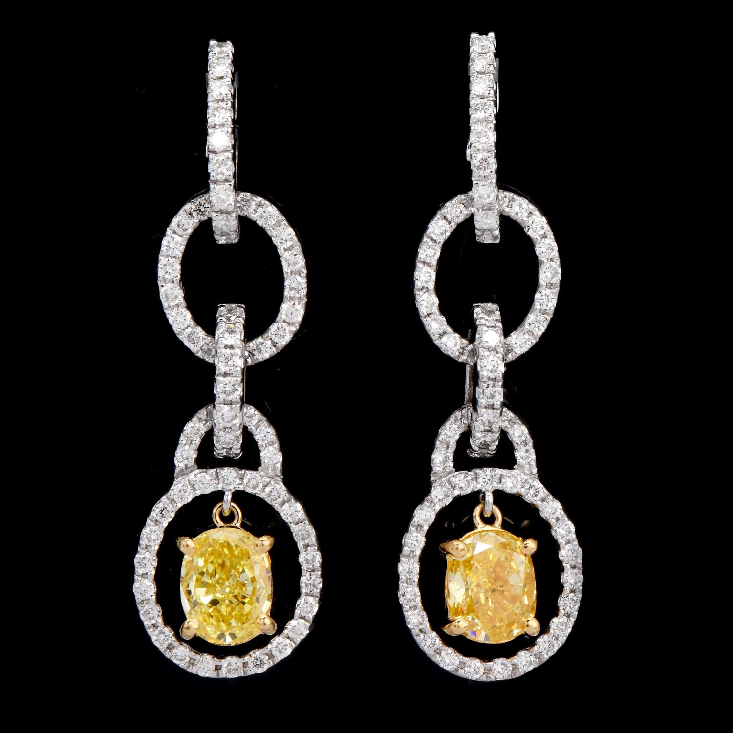 Modern Leo Pizzo Fancy Yellow Oval Diamond Platinum 18K  Dangle Earrings For Sale
