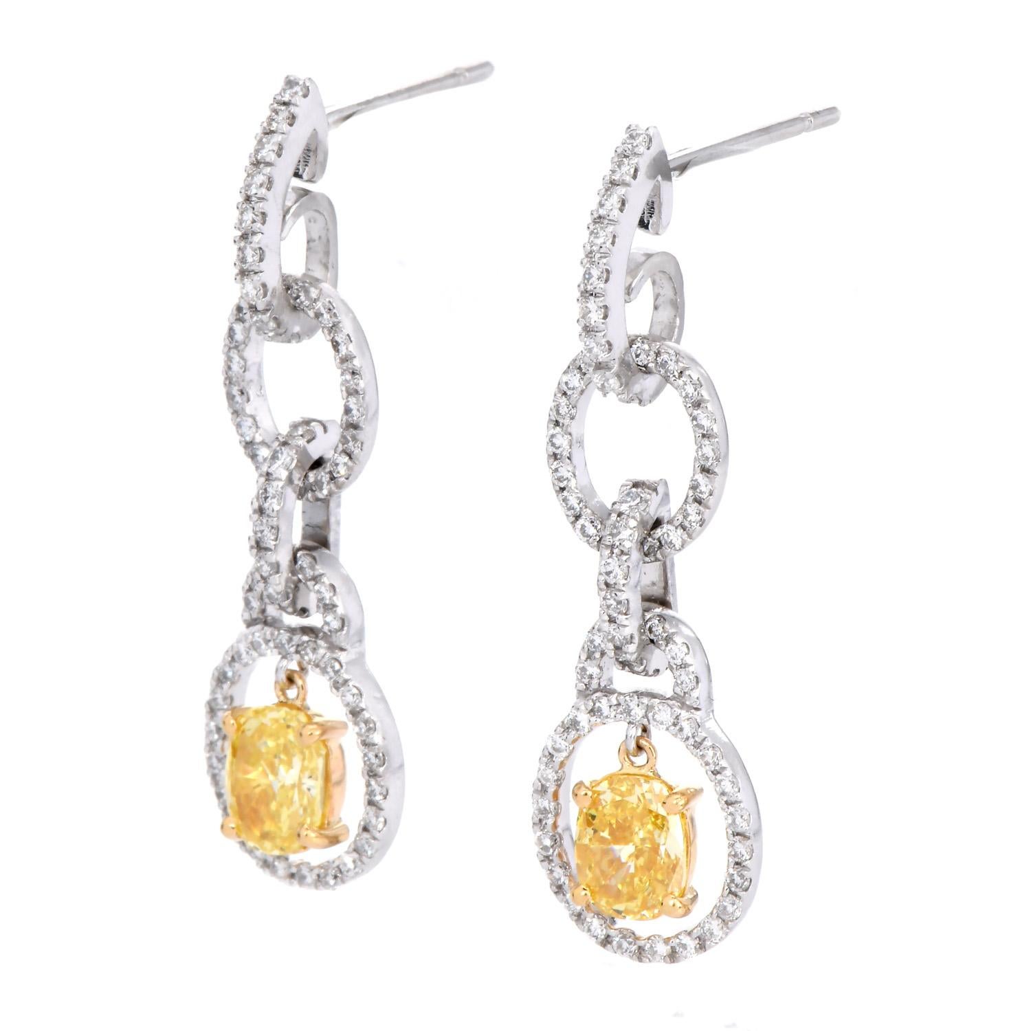 Oval Cut Leo Pizzo Fancy Yellow Oval Diamond Platinum 18K  Dangle Earrings For Sale