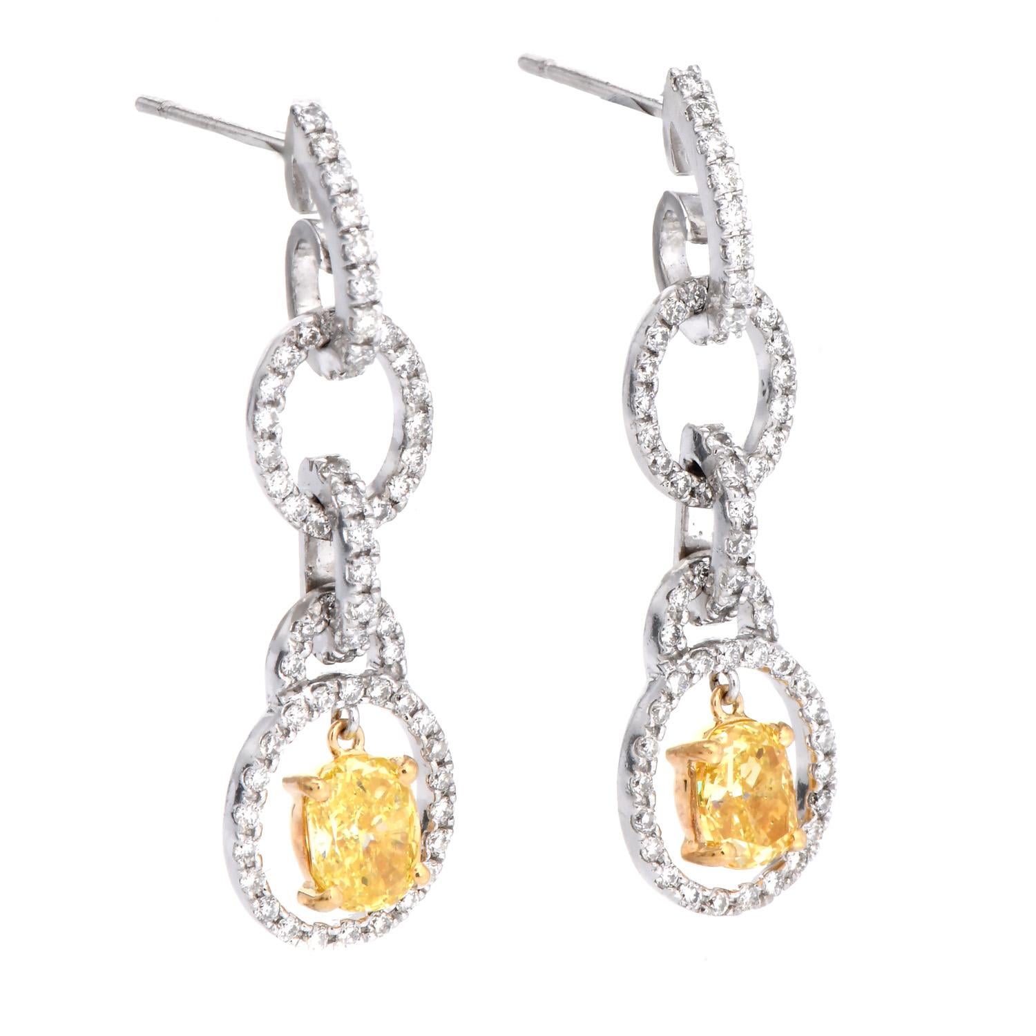 Leo Pizzo Fancy Yellow Oval Diamond Platinum 18K  Dangle Earrings In Excellent Condition For Sale In Miami, FL
