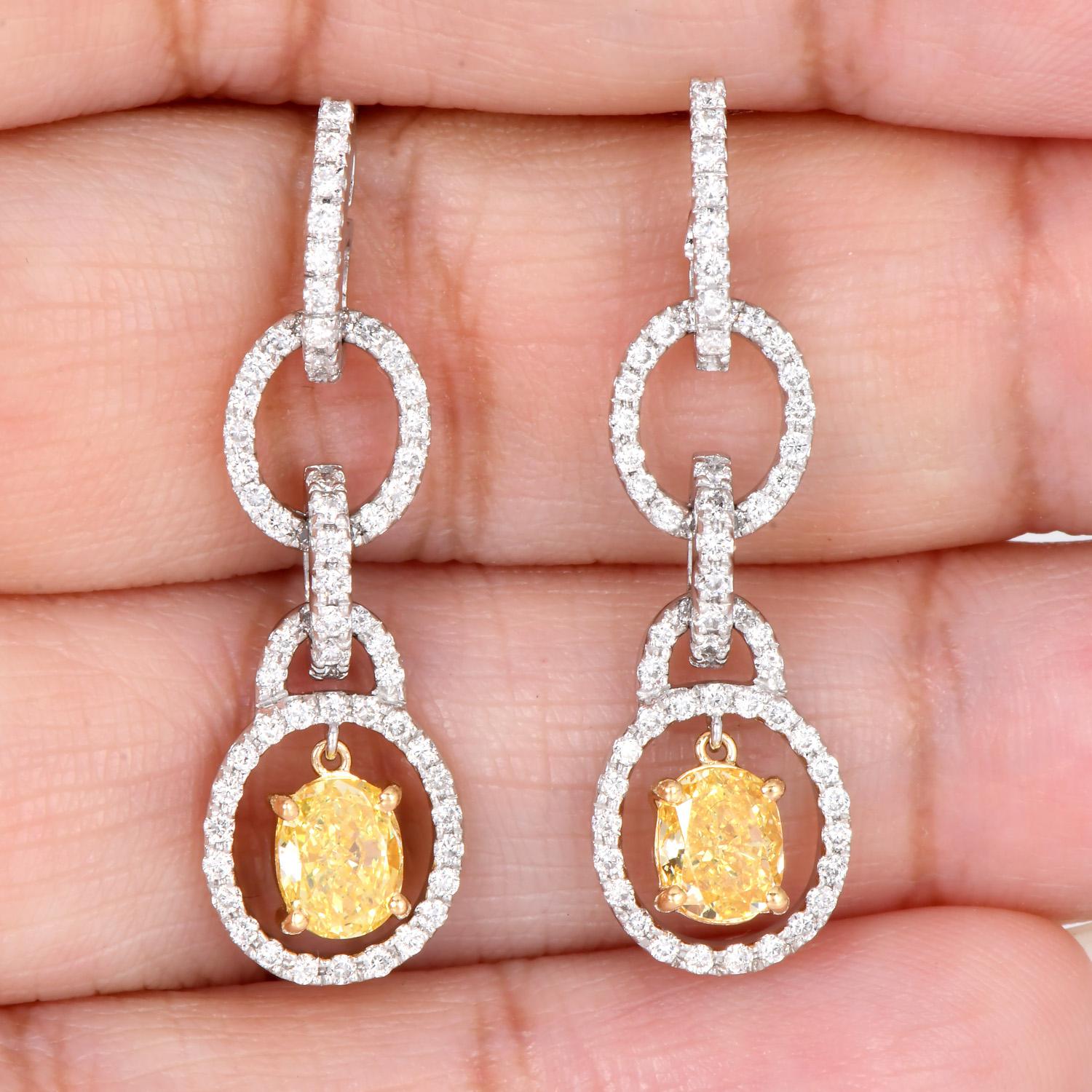 Leo Pizzo Fancy Yellow Oval Diamond Platinum 18K  Dangle Earrings For Sale 1