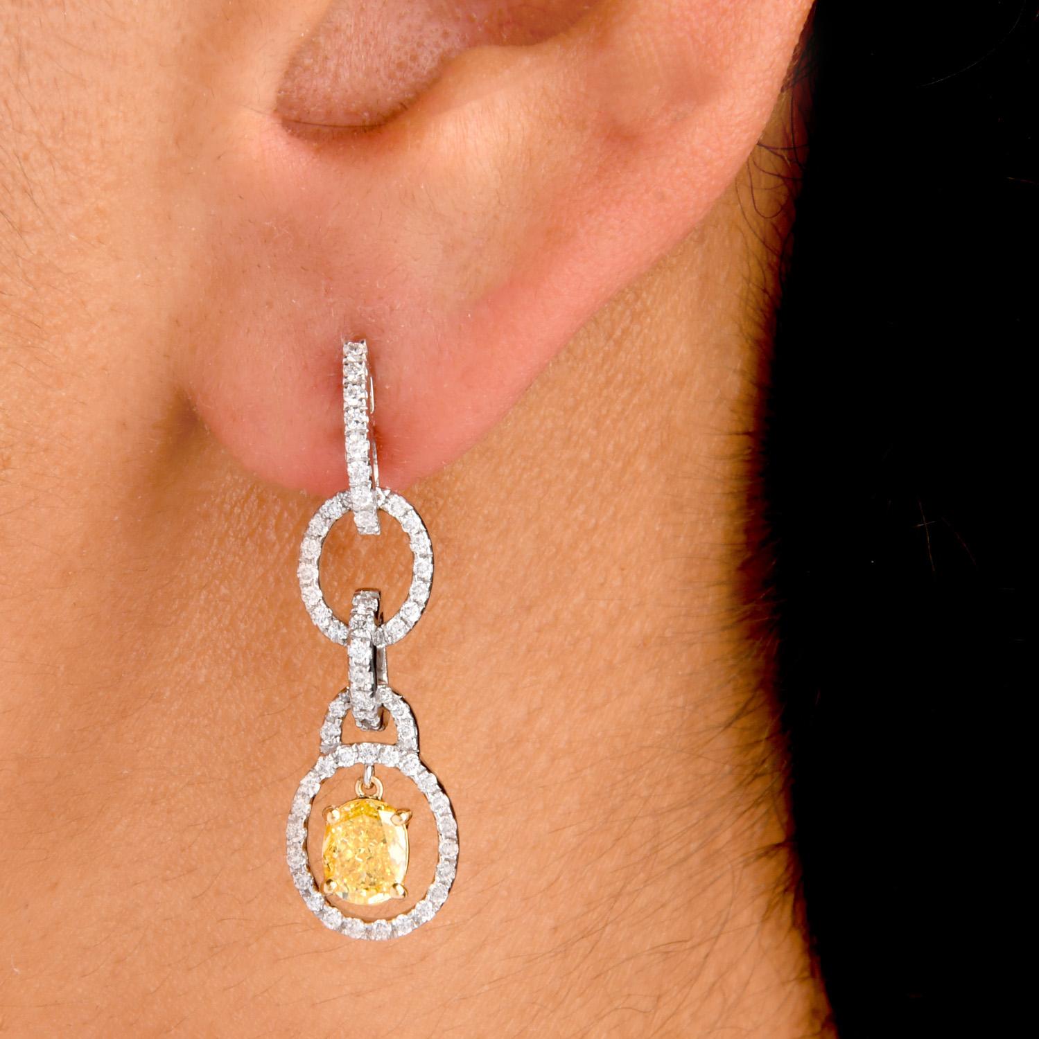Leo Pizzo Fancy Yellow Oval Diamond Platinum 18K  Dangle Earrings For Sale 2
