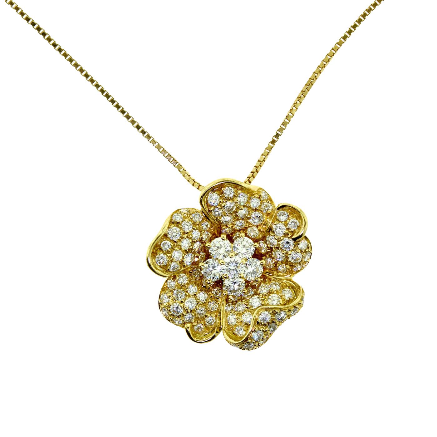 Brilliant Cut Leo Pizzo Signed Iconic Flower Pavé Diamond Necklace Yellow Gold