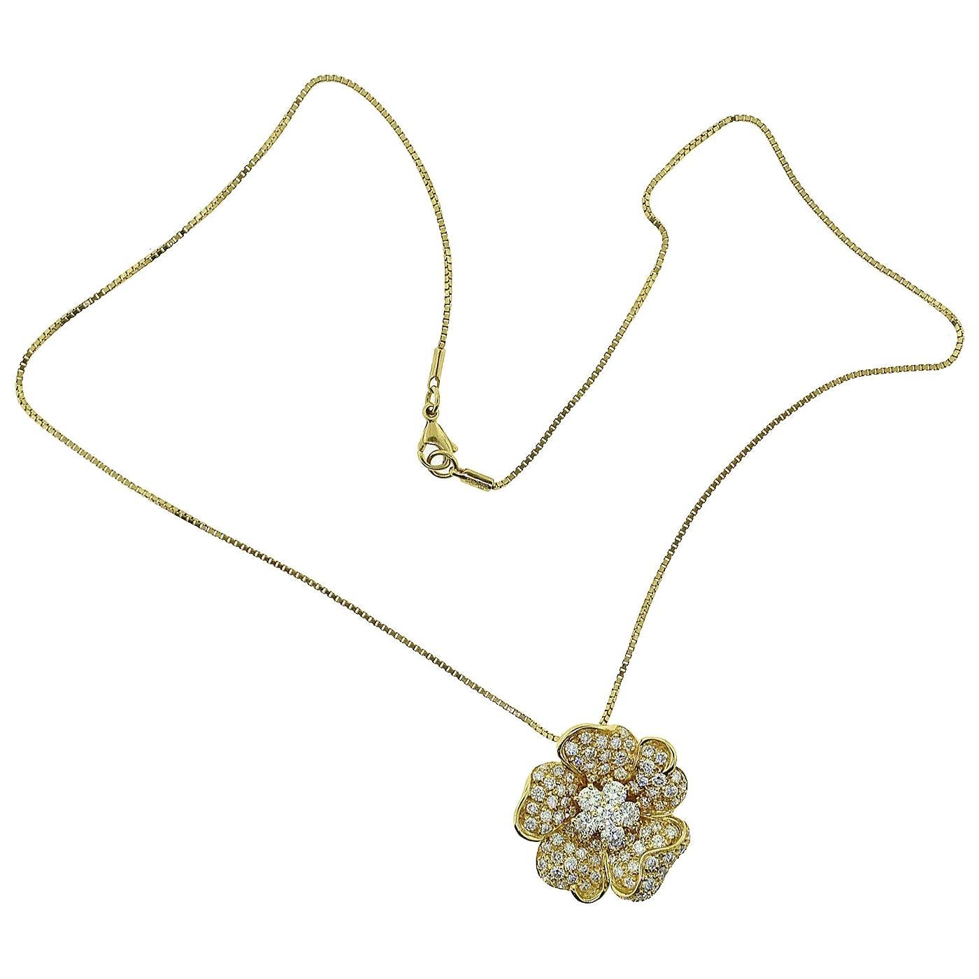 Leo Pizzo Signed Iconic Flower Pavé Diamond Necklace Yellow Gold