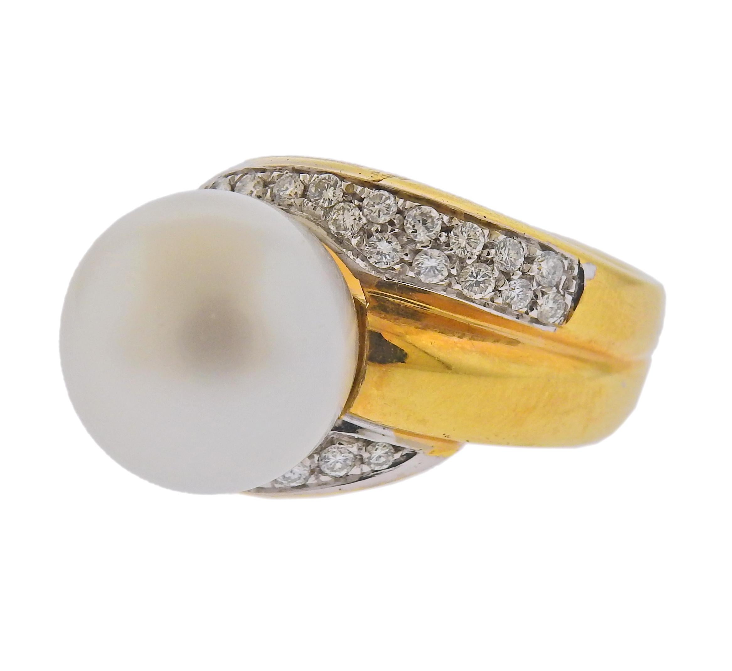 18k gold ring by Leo Pizzo, with 13mm South Sea pearl, and approx. 0.72ctw in diamonds. Ring size - 7.5, ring top - 15mm wide. Marked: Leo Pizzo, 750, Italian mark. Weight - 14.2 grams.