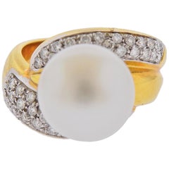 Vintage Leo Pizzo South Sea Pearl Diamond Gold Ring
