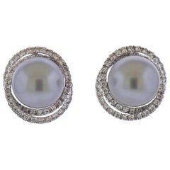 Vintage Leo Pizzo Tahitian South Sea Pearl Diamond Gold Earrings