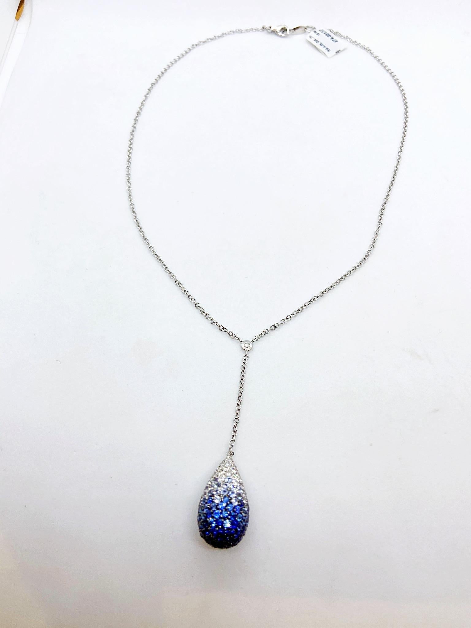 Modern Leo Pizzo White Gold Dew Drop Pendant 4.05Ct. Blue Sapphire & .75 Carat Diamond For Sale