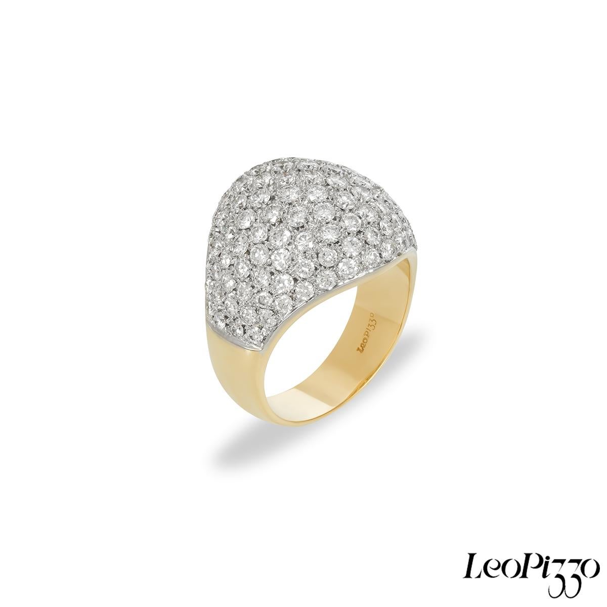 A sparkly 18k yellow gold diamond bombe ring by Leo Pizzo. The ring is pave set with 110 round brilliant cut diamonds with an approximate total weight of 4.95ct, F-G colour and VS-SI clarity. The dress ring measures 18.7mm wide and tapers down to