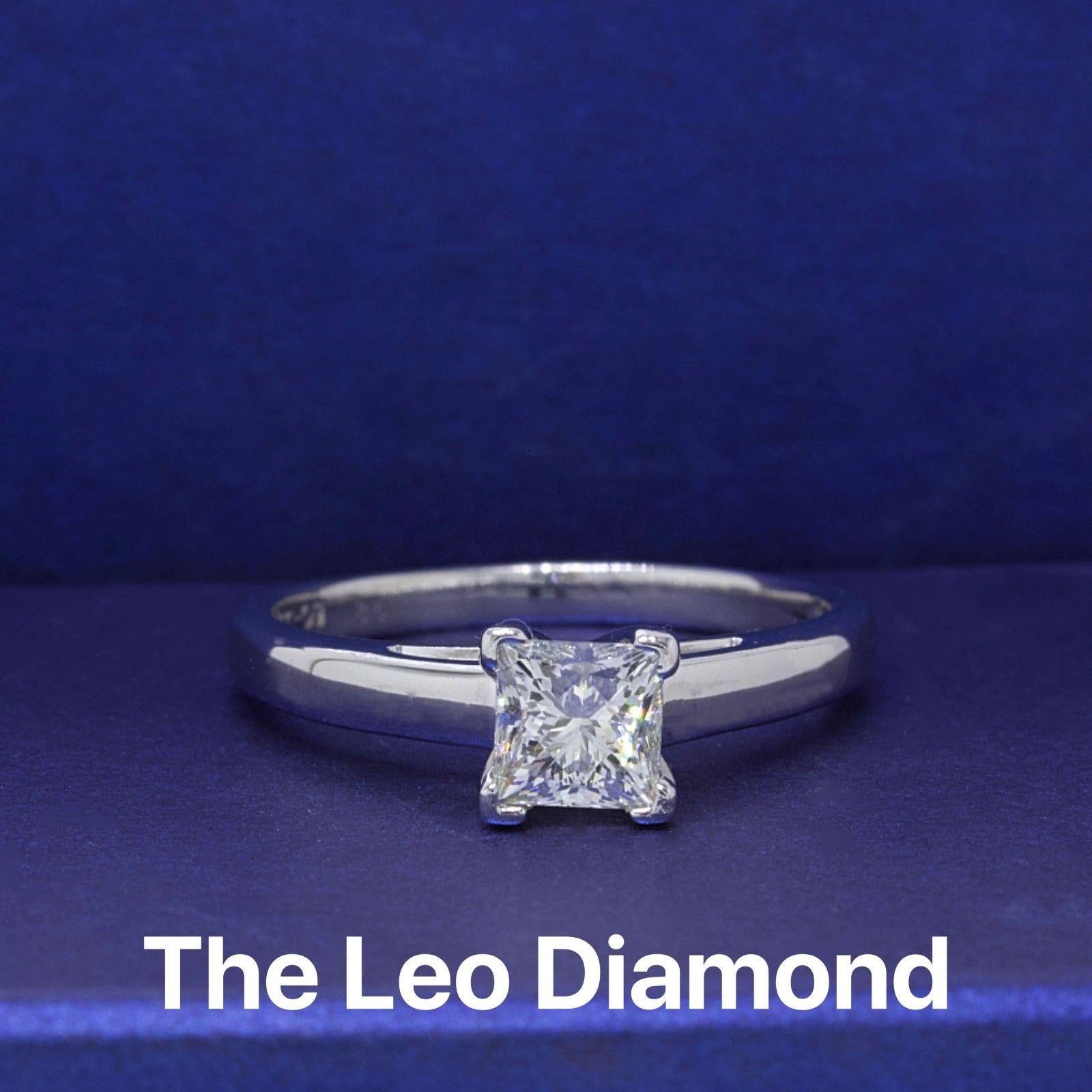LEO DIAMOND
Style: 4 Prong Solitaire
Serial Number: LEO 146322S
Year Purchased: 2011
Metal: 14 KT White Gold & Platinum 950
Size:  7.5 - sizable
Total Carat Weight:  0.83 CTS
Diamond Shape:  Princess Cut
Diamond Color & Clarity: I / SI1
Comments: 