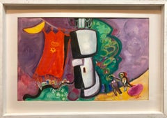 Israeli Kibbutz Artist Judaica Shul Torah Ark Surrealist Gouache Painting