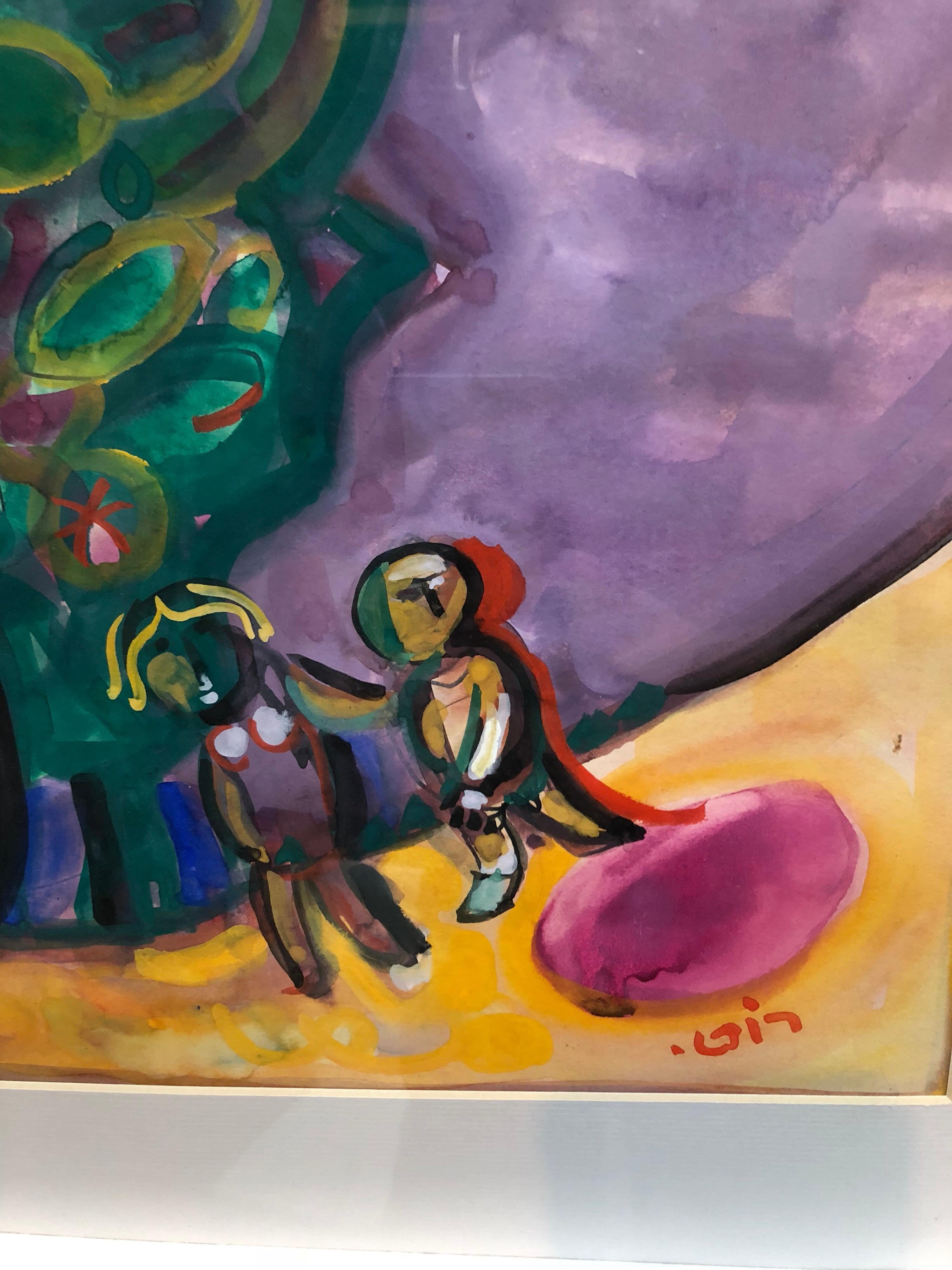 Israeli Kibbutz Artist Judaica Shul Torah Ark Surrealist Gouache Painting For Sale 1