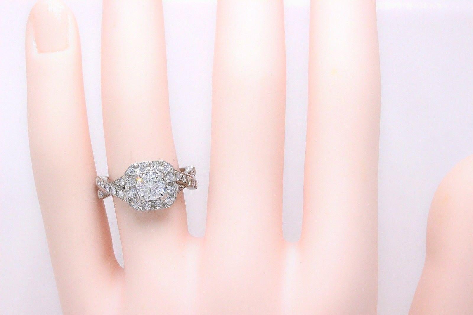 Leo Round Diamond Engagement Ring Halo Twist 1.23 Carat in 14 Karat White Gold For Sale 2