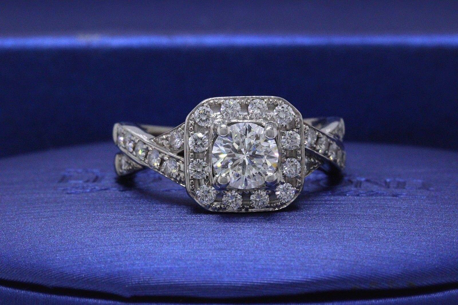 Round Cut Leo Round Diamond Engagement Ring Halo Twist 1.23 Carat in 14 Karat White Gold For Sale