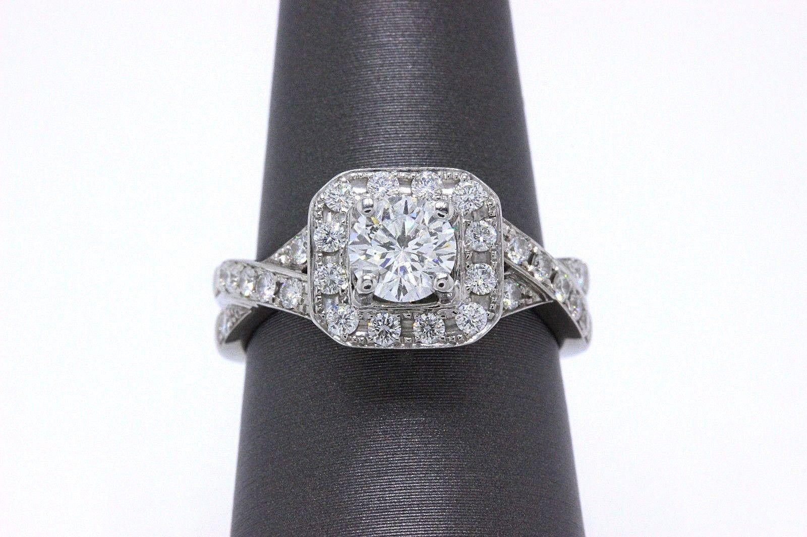 Women's Leo Round Diamond Engagement Ring Halo Twist 1.23 Carat in 14 Karat White Gold For Sale