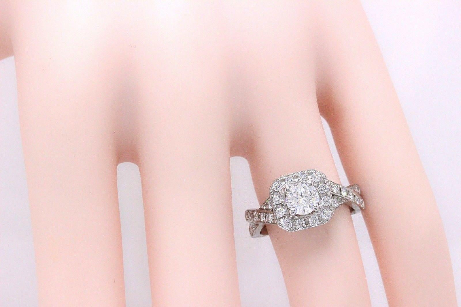 Leo Round Diamond Engagement Ring Halo Twist 1.23 Carat in 14 Karat White Gold For Sale 1