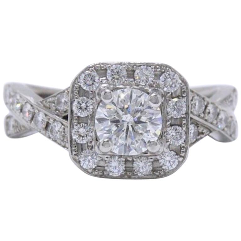 Leo Round Diamond Engagement Ring Halo Twist 1.23 Carat in 14 Karat White Gold For Sale