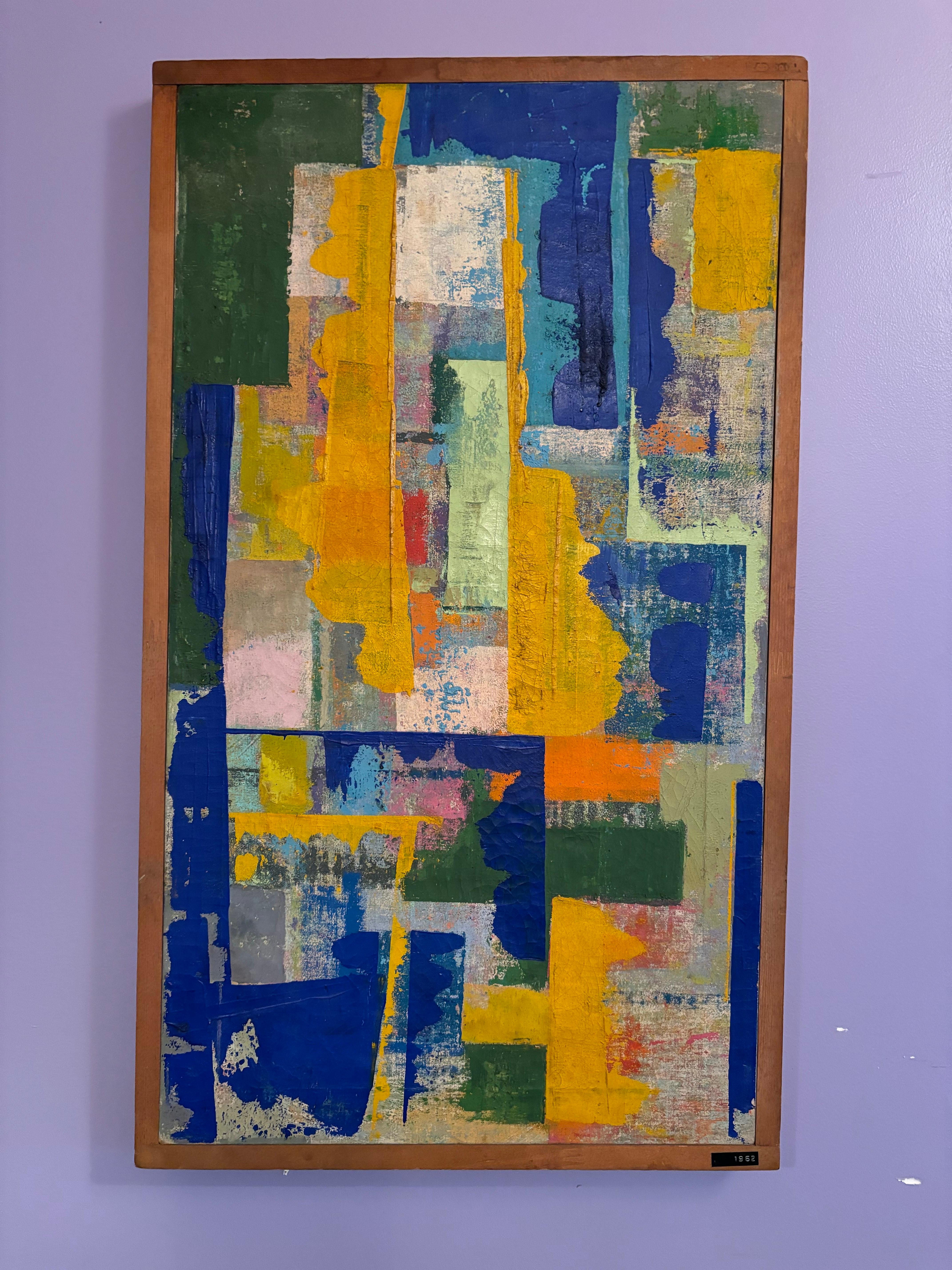Pintura sobre lienzo de Leo Russell.  Pintura abstracta fechada en 1962 con un sencillo marco de madera original.  Bonitos colores y composición.

Russell nació en Chicago, pero hacia el final de su vida se instaló en la zona de Filadelfia. 