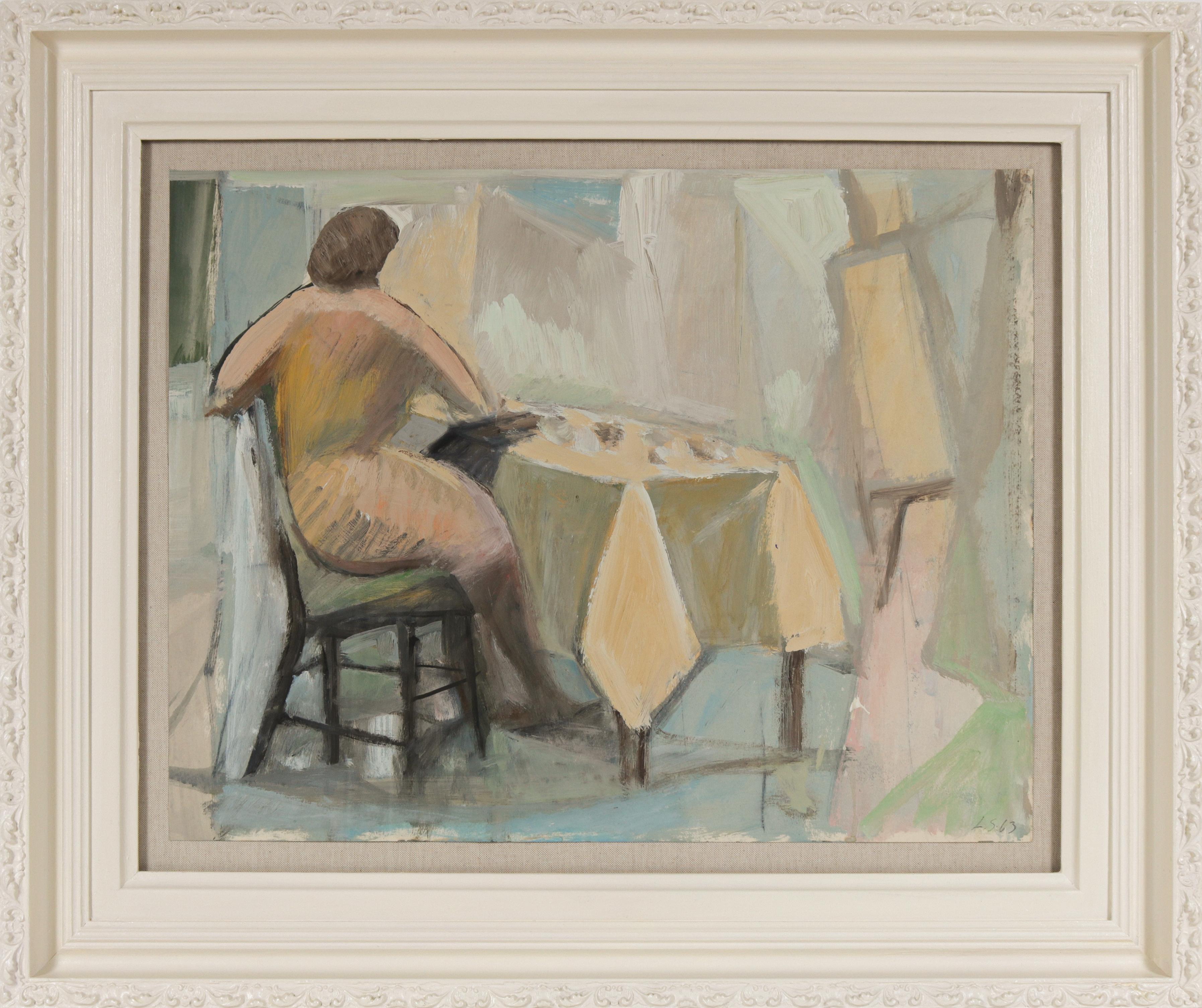 Leo Saal Figurative Painting - Figure at the Table 1963 Oil on Paper 