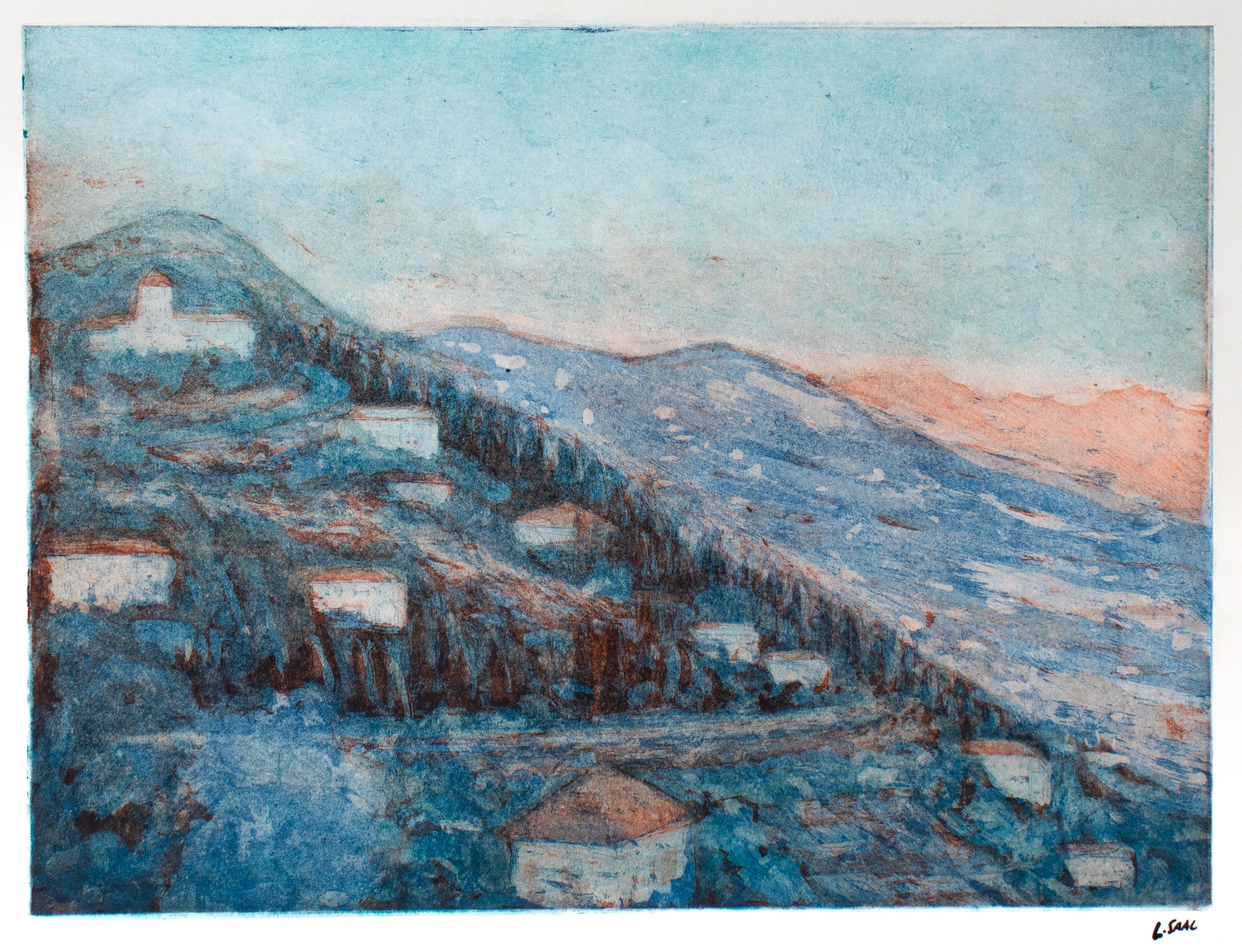 Leo Saal Landscape Print - "Blue Mountains" 1983 Aquatint