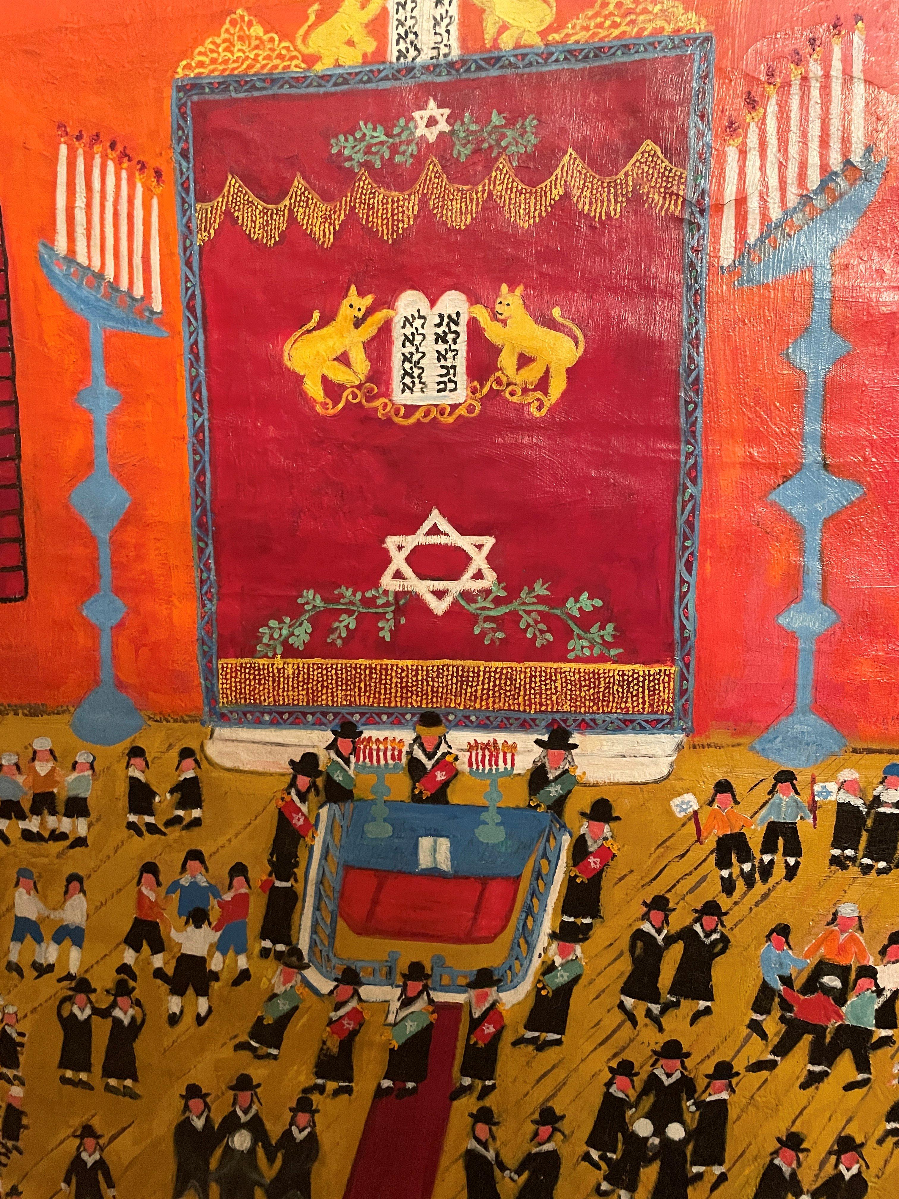 Leo Schutzman (1878 - 1962)
Simchat Torah in the Synagogue, circa 1958
Oil on canvas
40 x 36 inches
Signed lower left

Provenance:
The Contemporaries Gallery, New York, circa 1958

Leo (Kyle) Schutzman (1878-1962) developed a reputation in New York