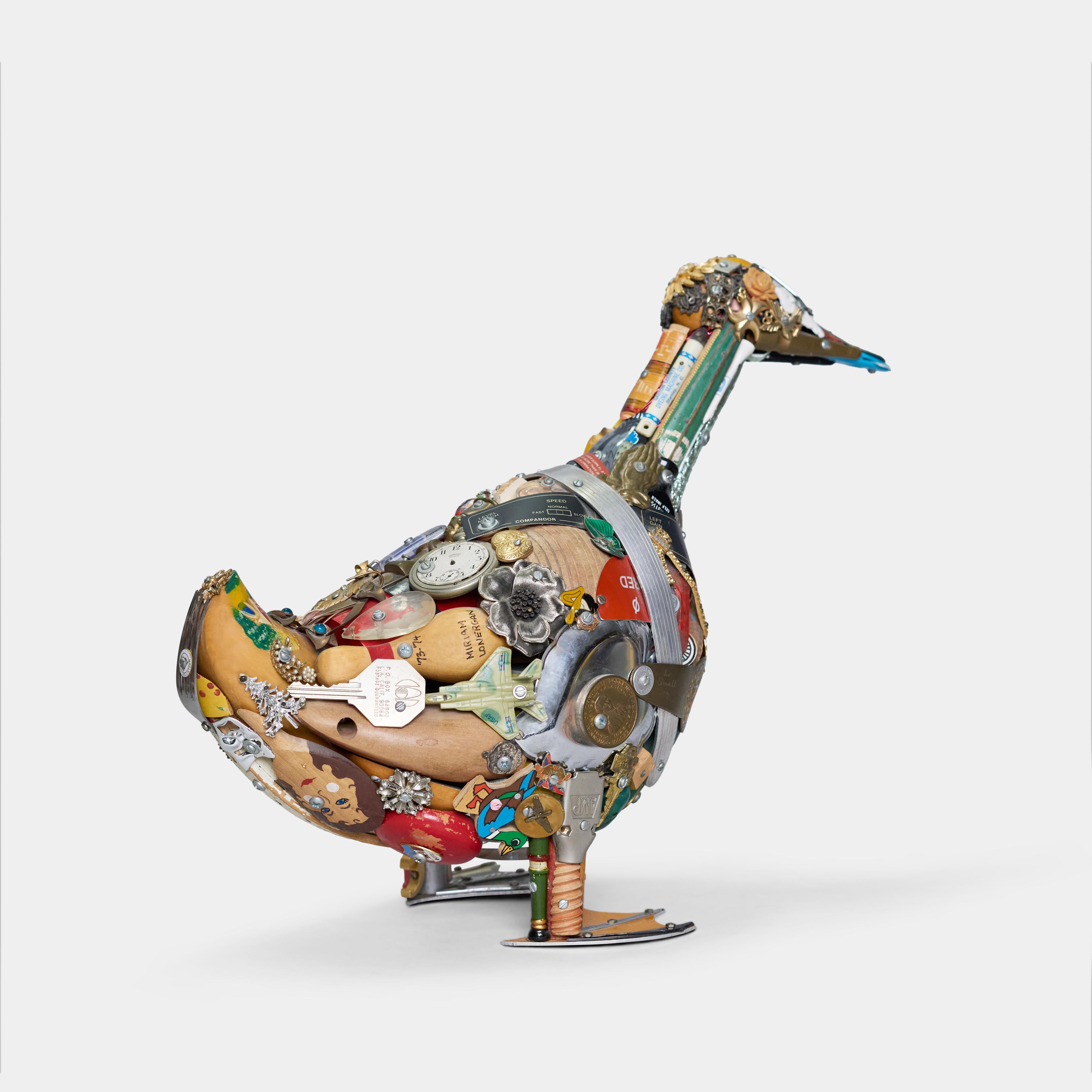 A wonderful Mixed media sculpture of a duck by the noted Philadelphia artist Leo Sewell. This is an early example from the Master of found objects. He worked with recycled objects to create his sculpture and his works are unique and particularly