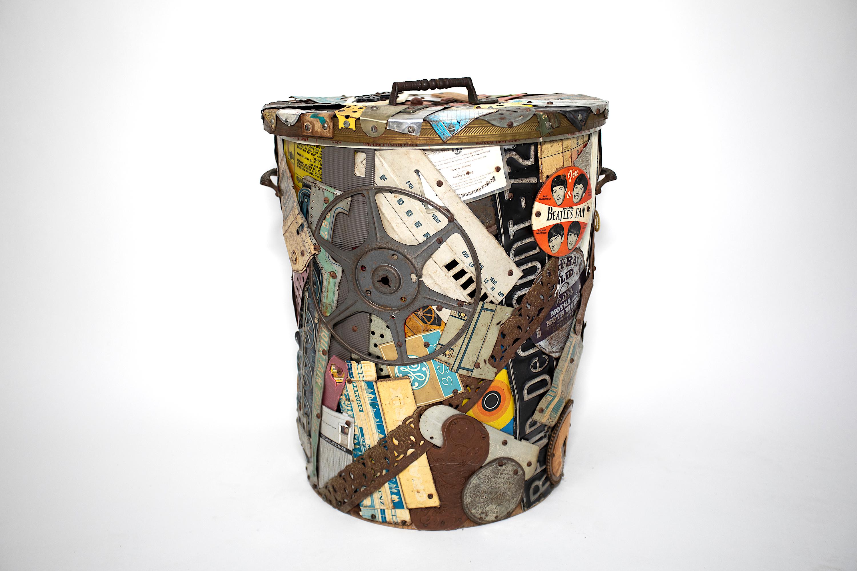 Leo Sewell Trash Can.
Made of an accumulation of found objects
Signed and Dated on the bottom.