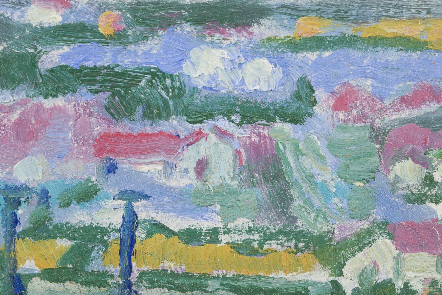 Danois Leo Thellefsen, peintre danois. Huile sur planche. Paysage de campagne. Daté de 1989 en vente