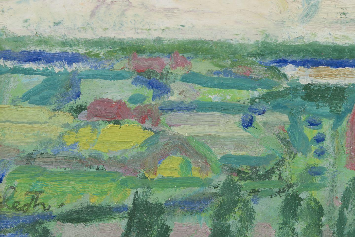 Leo Thellefsen, dänischer Maler. Öl auf Karton. Modernistische ländliche Landschaft, 1983 (Dänisch) im Angebot