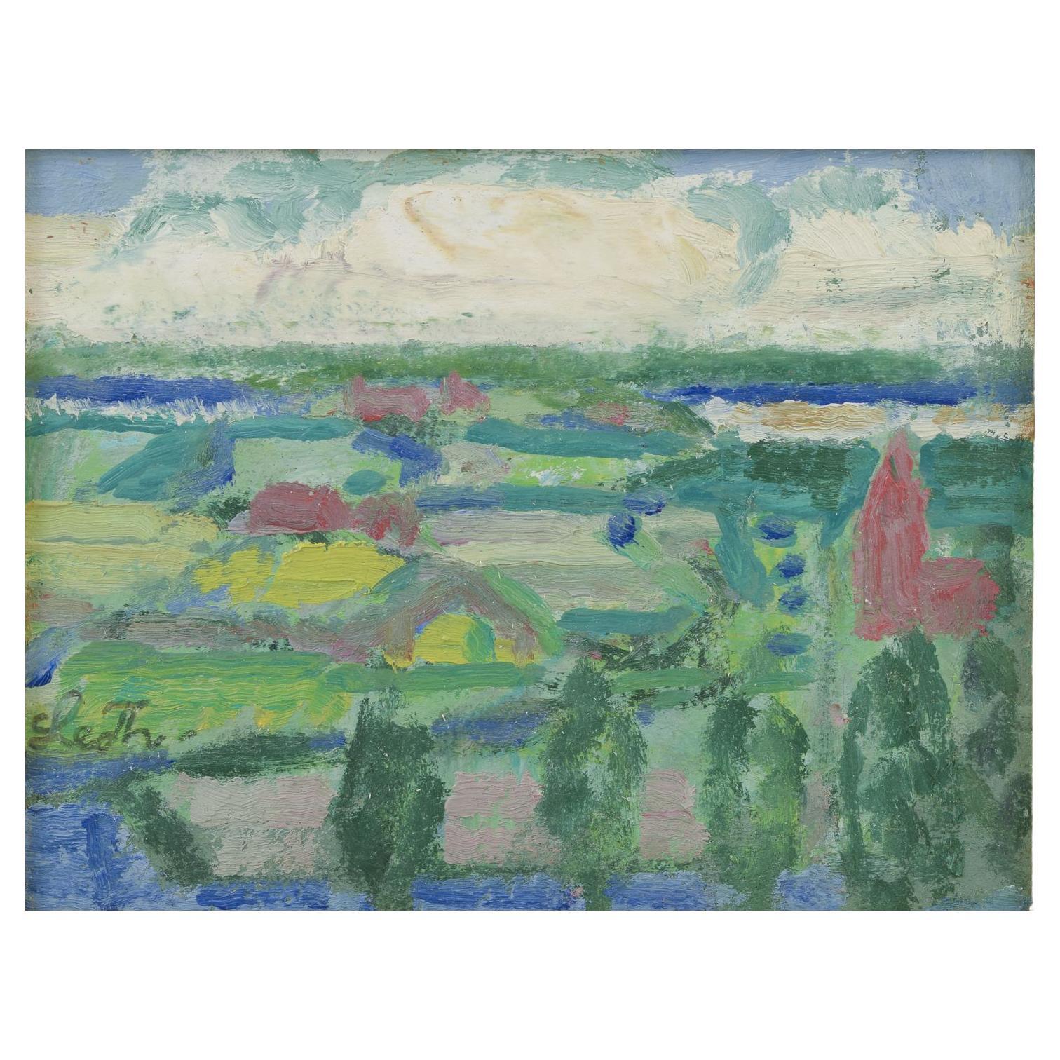 Leo Thellefsen, dänischer Maler. Öl auf Karton. Modernistische ländliche Landschaft, 1983
