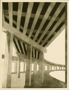 Contemporary Architectural Urban Landscape Etching on Paper - "The Overpass" 