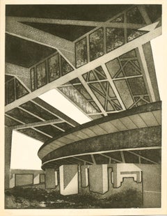 Vintage Contemporary Architectural Urban Landscape Etching - "Under the Overpass" 
