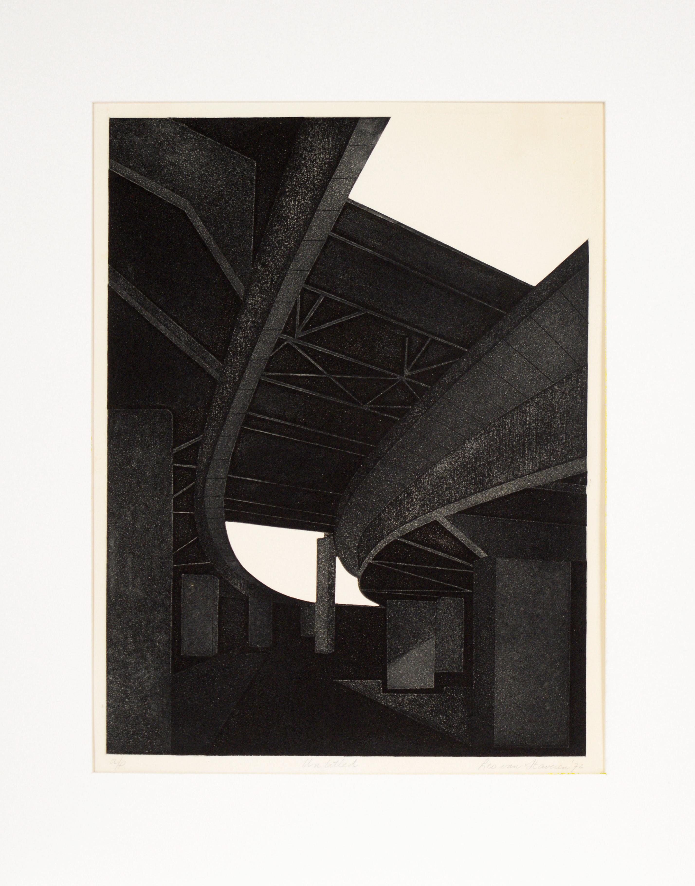 Landscape Print Leo Van Staveren - "El Paso" Rare paysage urbain architectural contemporain Gravure sur papier