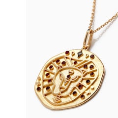 Leo Zodiac Charm Necklace, Lucky Stone is Diamond and Ruby 14K Yellow Gold