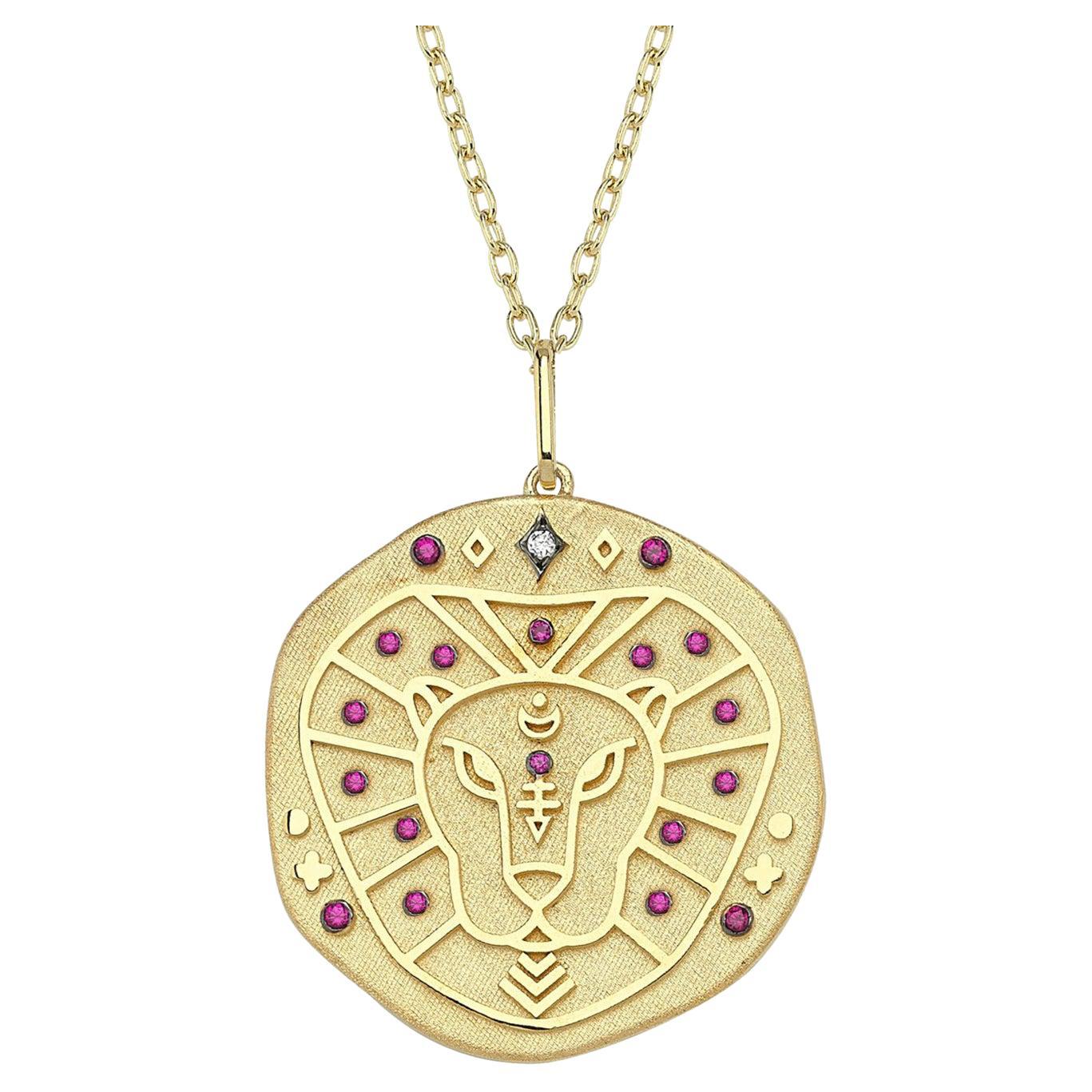 Leo Zodiac Charm Necklace, Lucky Stone is Diamond and Ruby 14K Yellow Gold For Sale