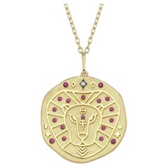 Leo Zodiac Charm Necklace, Lucky Stone is Diamond and Ruby 14K Yellow Gold