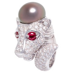 Leo Zodiac Cocktail Ring Tahitian Pearl Diamonds Design by Ella Gafter