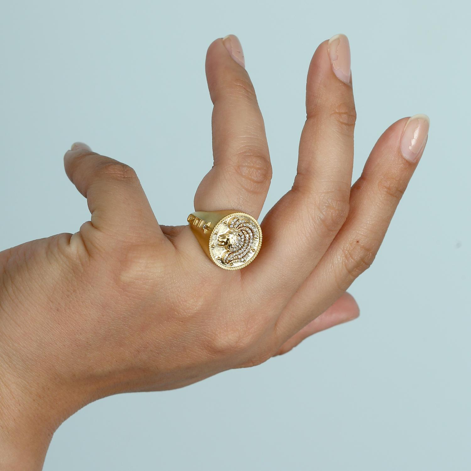 Artisan Leo Zodiac Ring With Pave Diamonds Made in 14k Yellow Gold For Sale