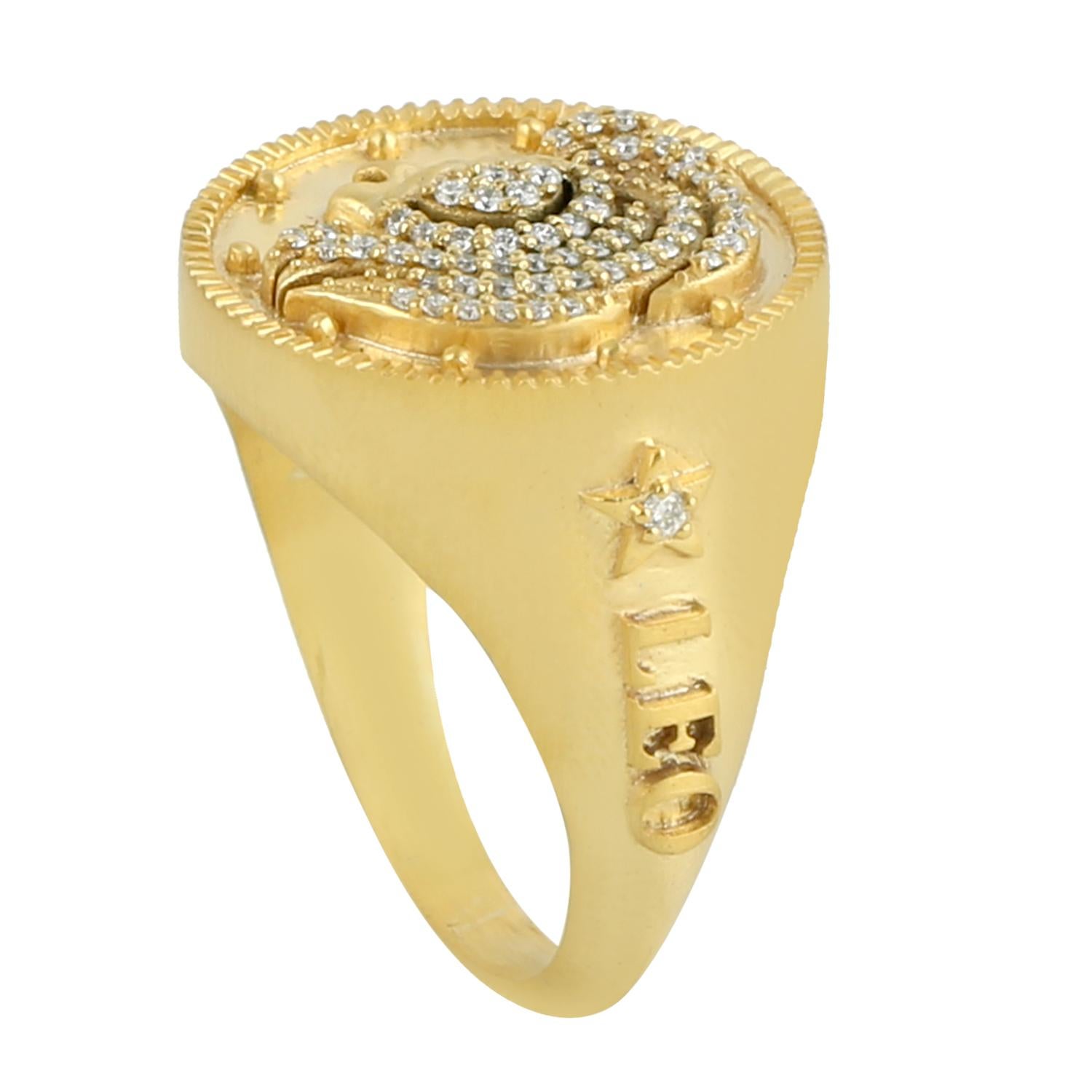 Mixed Cut Leo Zodiac Ring With Pave Diamonds Made in 14k Yellow Gold For Sale