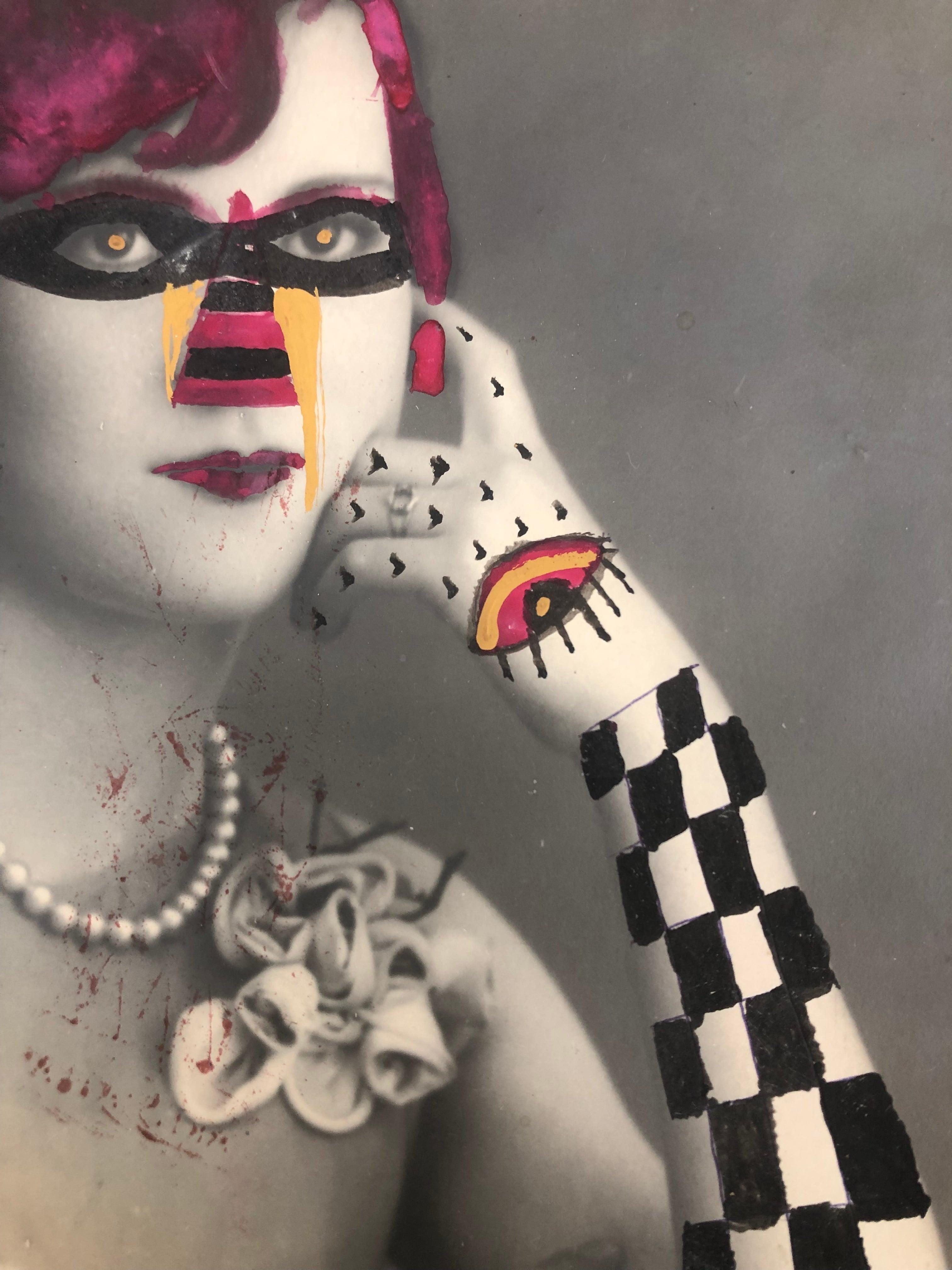 Checker Arm Lady,  Mixed media vintage photo. Framed - Gray Figurative Photograph by Leobardo Huerta