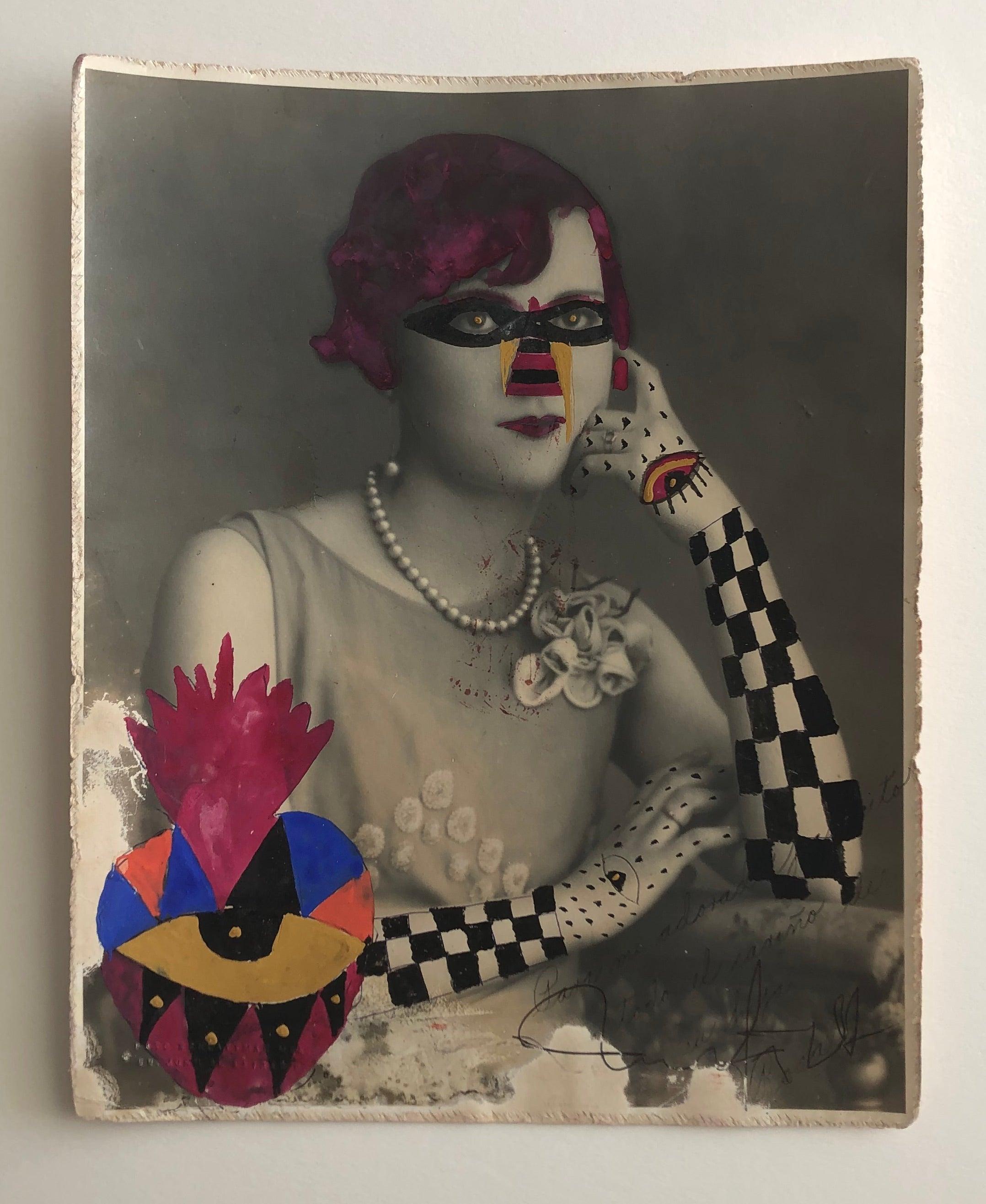 Checker Arm Lady by Leobardo Huerta 
Mixed media- Vintage photograph intervened by the artist with pen and acrylic paint.

Image size: 9.5 in. H x 8.75 in. W 
Sheet size 15.5 in H x 12.75 in W
Framed size: 18 in H x 16.5 in W x 1 in. D

Leobardo