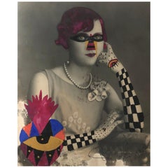 Checker Arm Lady,  Mixed media vintage photo. Framed