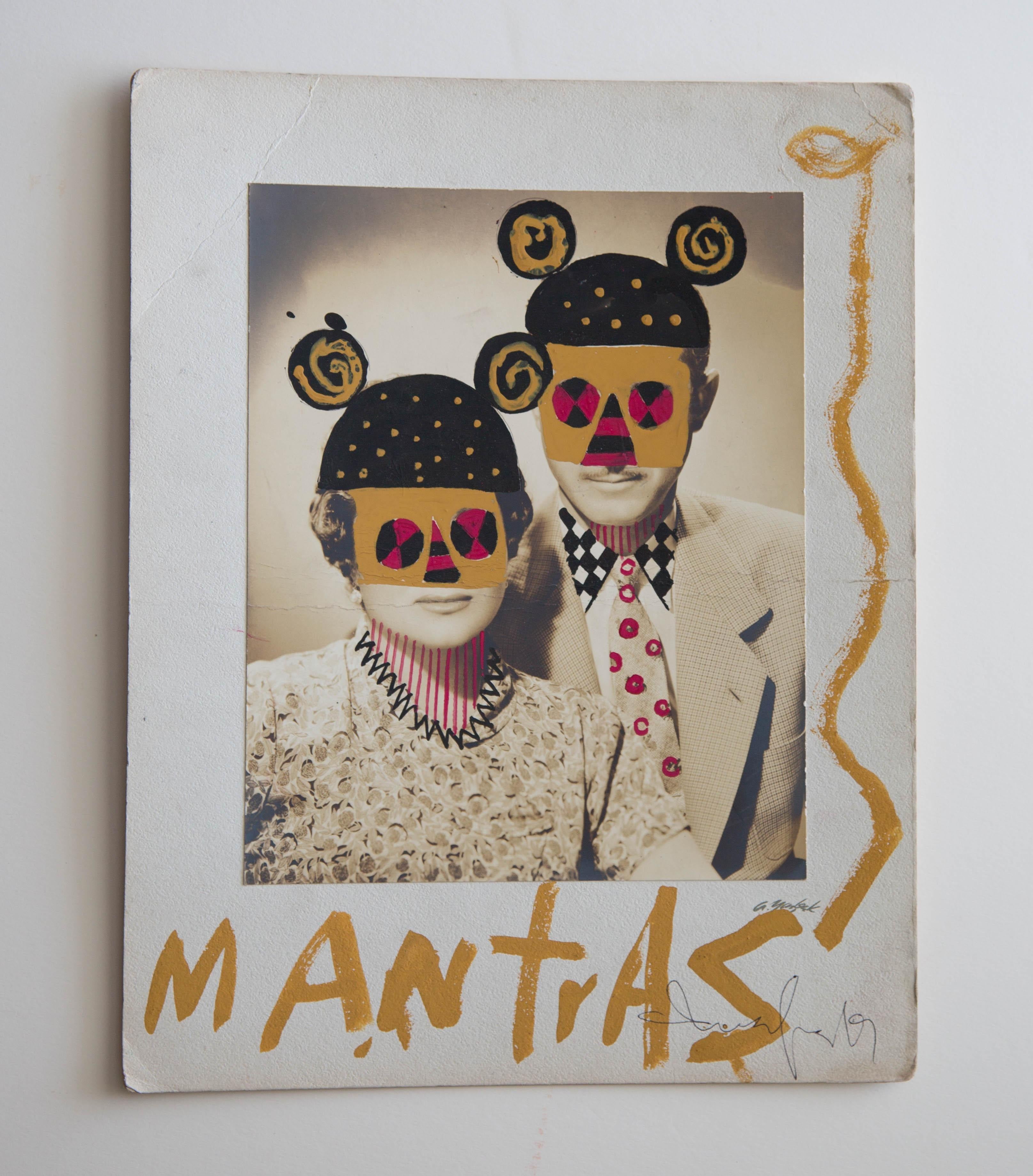 Mantras and Sun Family Diptych, Mixed media Vintage Photo. Framed For Sale 4