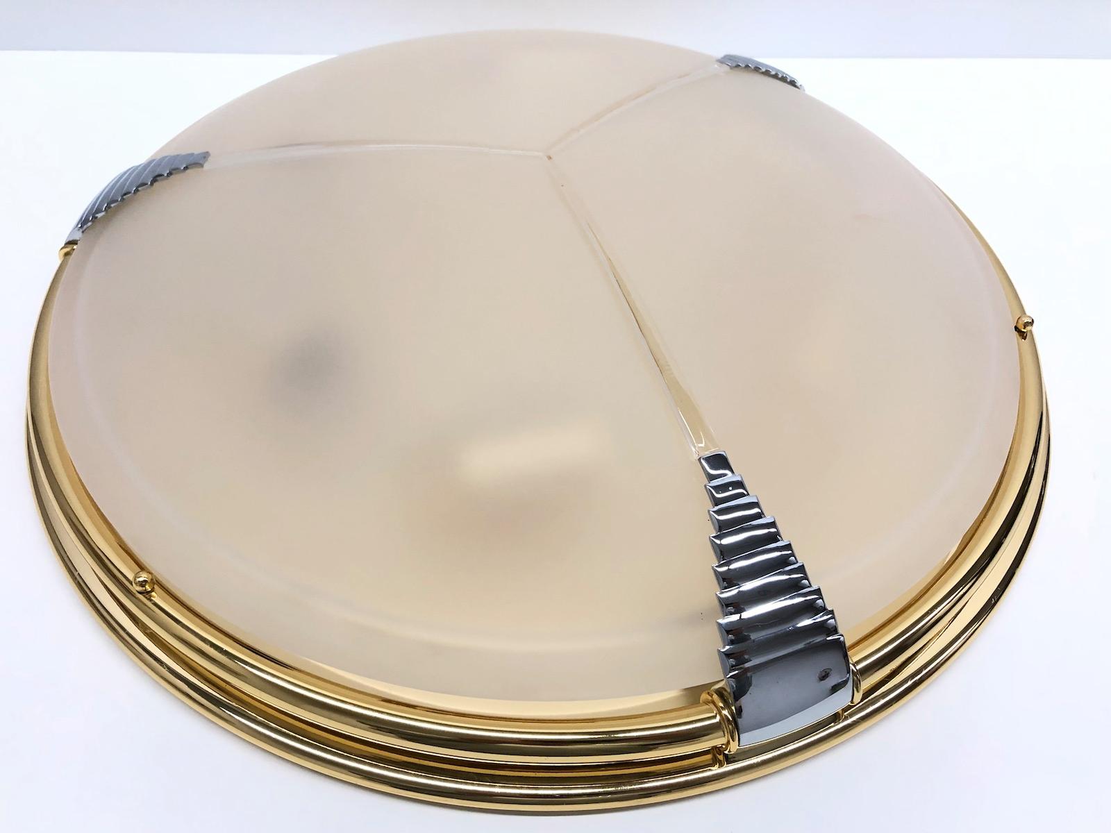 Leola Leuchten Glass, Brass Chrome, Art Deco Style Flush Mount, 1970s 1