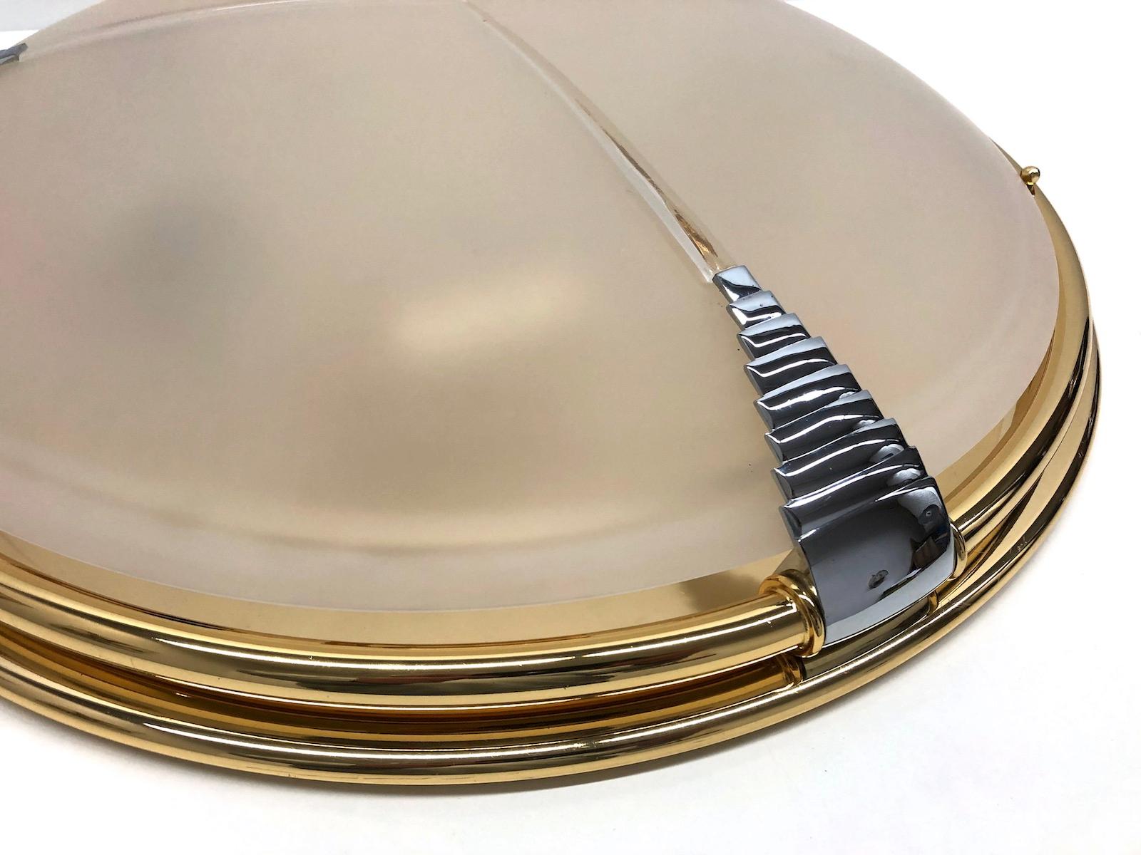 Leola Leuchten Glass, Brass Chrome, Art Deco Style Flush Mount, 1970s 3
