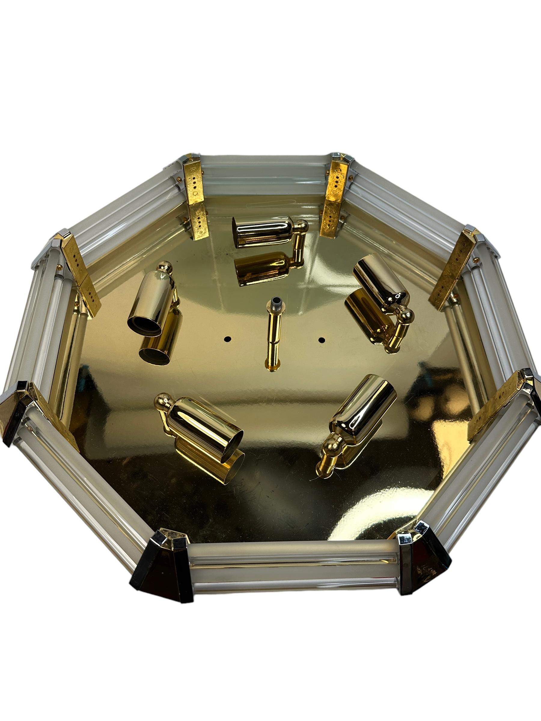 Leola Leuchten Glass, Brass Chrome, Art Deco Style octagonal Flush Mount, 1970s For Sale 6